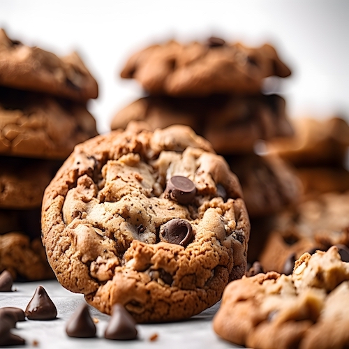 Dark chocolate cookies home made stacked with chocolate chips on a white background