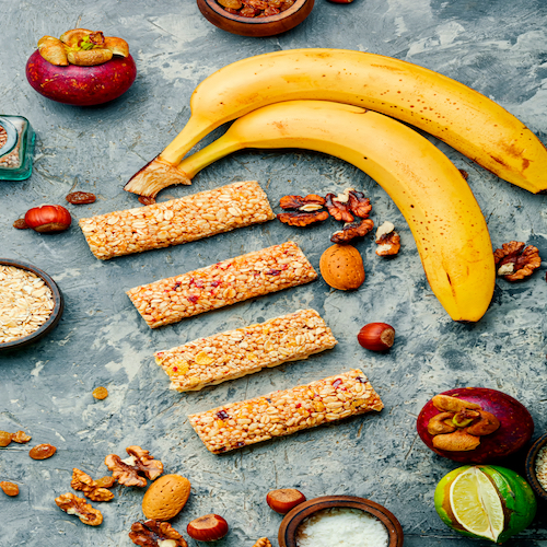 Granola energy bars with dried fruits,banana and nuts.Energy, sport, breakfast