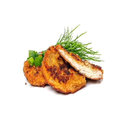 Schnitzel Isolated, Roasted Breaded Chicken Fillet, Homemade Escalope, Viennese Schnitzel on White Background